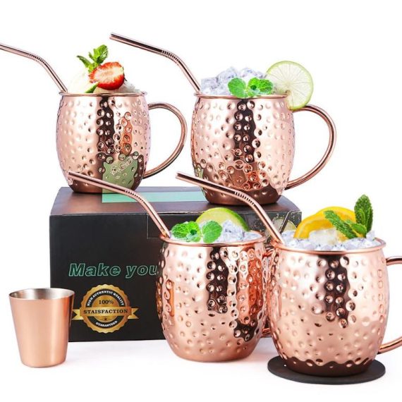 Drinkware & Tea Sets |  Esonmus Moscow Mule Copper Mugs Set of 4 Handcrafted Copper Mugs for Moscow Mule Cocktail Food Safe Mule Mugs 16 oz Gift Set with 1 Jigger 4 Straws 4 Coasters Drinkware & Tea Sets Drinkware & Tea Sets