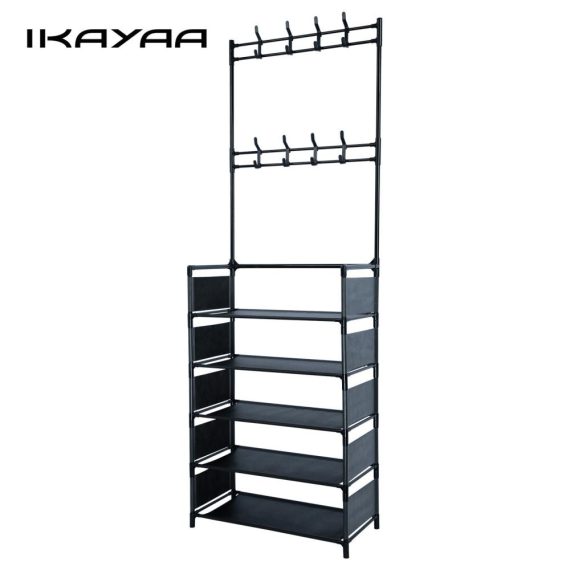 Living Room Furniture |  5 Tiers Metal Shoe Rack Hat Rack Adjustable Hall Tree with 16 Metal Hanger Hooks Side Cover for Entryway Bathroom Living Room Easy Assembly Black Home Furniture Living Room Furniture