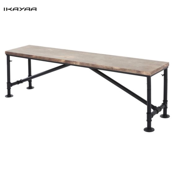 Living Room Furniture |  iKayaa Antique Natural Pinewood Top Kitchen Dining Table Bench Chair Metal Frame Patio Outdoor Bench 63*13.7*17.7″ (L*W*H) Home Furniture Living Room Furniture