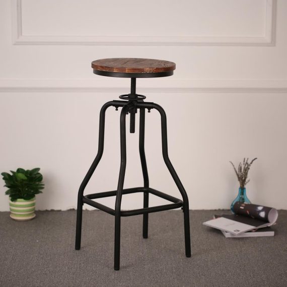 Living Room Furniture |  iKayaa Industrial Style Height Adjustable Swivel Bar Stool Natural Pinewood Top Kitchen Dining Breakfast Chair Home Furniture Living Room Furniture