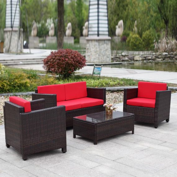 Patio Furniture |  4PCS Wicker Cushioned Outdoor Patio Furniture Set Garden Lawn Sofa Couch Set Rattan Weave Home Furniture Dark Brown + Red Cushion / Gray + Beige Cushion