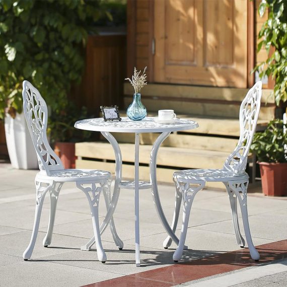 Patio Furniture |  iKayaa 3PCS Modern Outdoor Patio Bistro Set Aluminum Porch Balcony Garden Table & Chairs Set Furniture Leaves Design White Home Furniture Patio Furniture