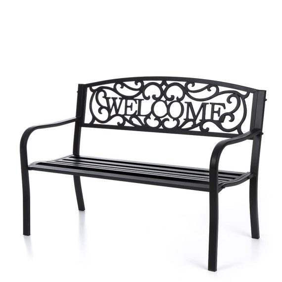 Patio Furniture |  iKayaa 50″ Cast Iron Outdoor Patio Bench Garden Chair Metal Deck Path Lawn Seat Chair Home Furniture Black