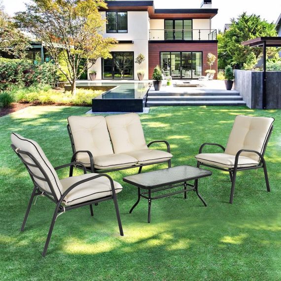 Patio Furniture |  iKayaa Fashion 4 Pieces Cushioned Patio Garden Furniture Sofa Set Tea Table & Chairs Pool Outdoor Conversation Set Steel Frame Home Furniture Creamy White / Grid Pattern