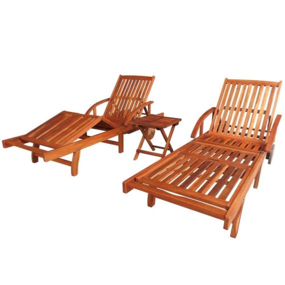 Patio Furniture |  Three Piece Sun Lounger and Table Set Solid Acacia Wood Brown Home Furniture Patio Furniture