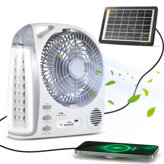 Temperature Control |  Multifunctional 6-in-1 Portable Fan with LED Light Solar Powered Rechargeable 2 Wind Speed and Brightness Adjustable Electric Outdoor Fan Support TF Card/USB/FM Radio/BT for Camping Fishing Emergency Home Electric Appliances Temperature Control