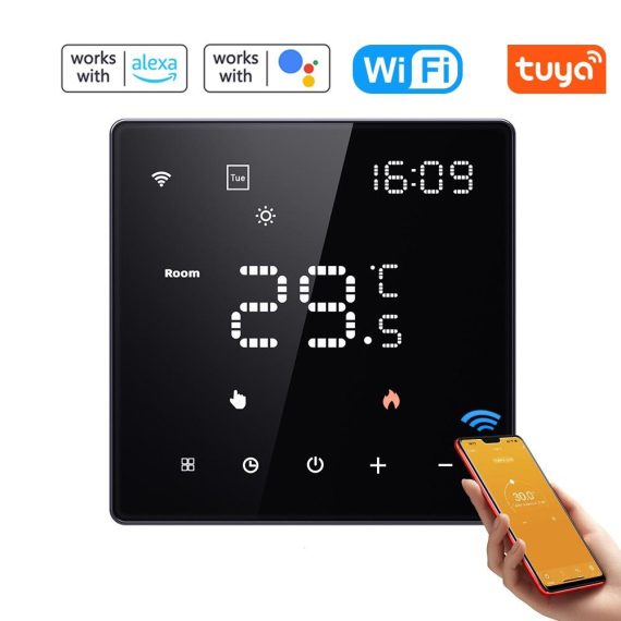 Temperature Control |  Tuya Wifi Digital Display Intelligent Temperature Controller  3A Water Heating Thermostat with Touching Screen Temperature Control Panel Compatible with Amazon Alexa and Google Home Home Electric Appliances Black/ White