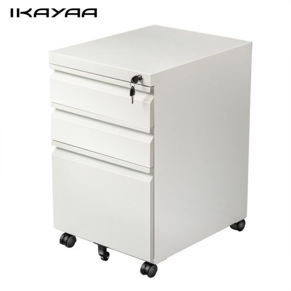 Work Space Furniture |  IKAYAA 3 Drawer Rolling File Cabinet with Lock&Keys Five Casters Metal Filing Cabinet Spacious Strong Load Accommodate Letter Legal Size Files with Curved Handle Home Furniture Work Space Furniture