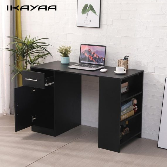 Work Space Furniture |  Ikayaa Minimalist Style Writing Desk with 3-tier Open Side Bookshelves 2 Drawers Home Office Computer-Desk Writing Table Study Workstation for Small Limited Places Home Furniture Work Space Furniture