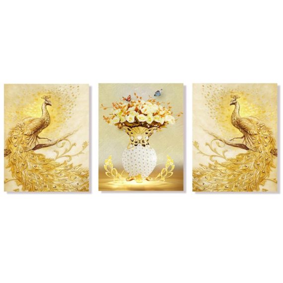 Wall Decoration |  Deal cheapest Canvas Print Paintings with Frames Wall Art Decor Golden Peacock Views Art Prints Pictures Peacocks Flowers Butterflies Artwork Home Decor for Bedroom Living Room 12x16in 3PCS Home Decor Multicolor