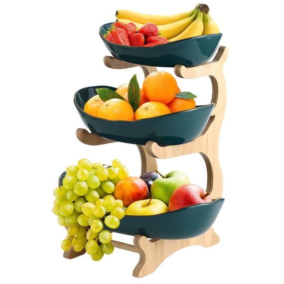 Cooking Tools & Gadgets |  3 Tier Fruit Basket for Kitchen Ceramic Fruit Bowl with Bamboo Wood Stand Easy Install 3 Tier Serving Stand Snack Dessert Cake Tray Plate Rack for Party Wedding Buffet Cooking Tools & Gadgets Cooking Tools & Gadgets